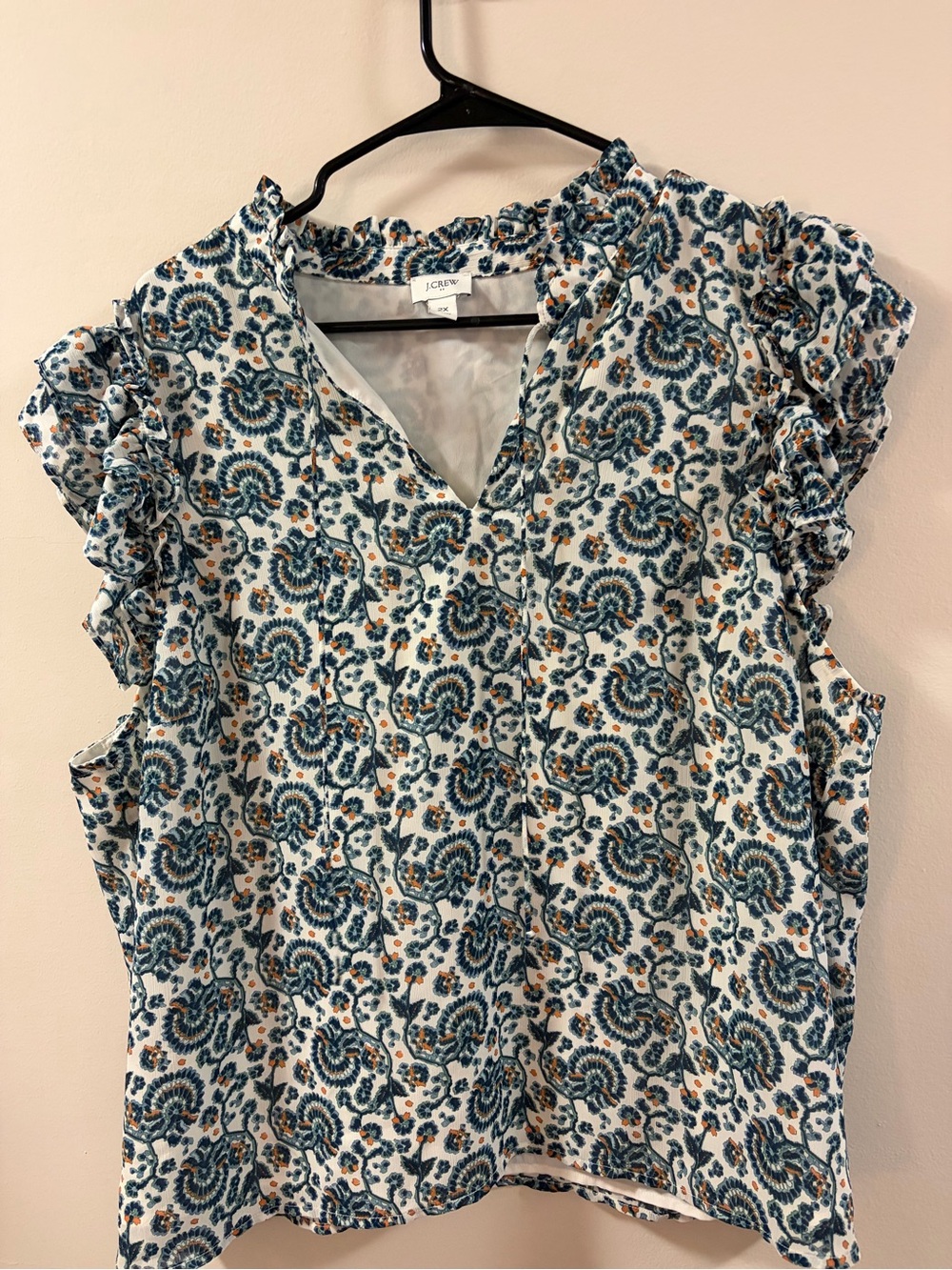 J. Crew Blue Floral Ruffle Sleeve V-Neck Top